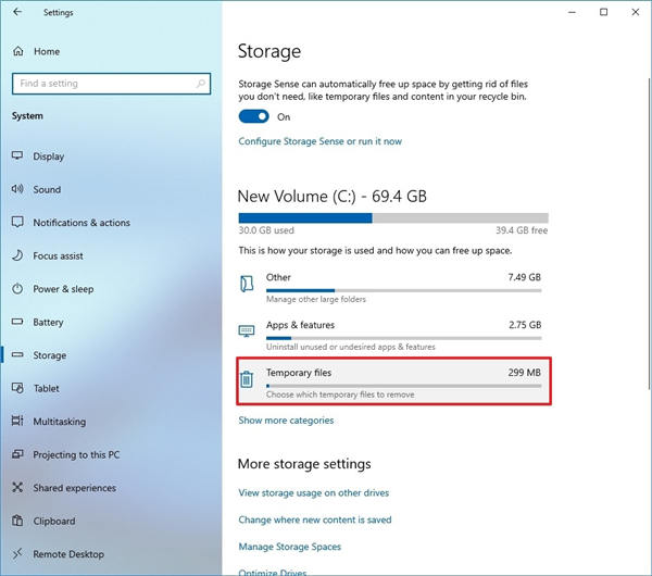 win10系统中使用 Storage Sense 删除临时文件技巧-图示1